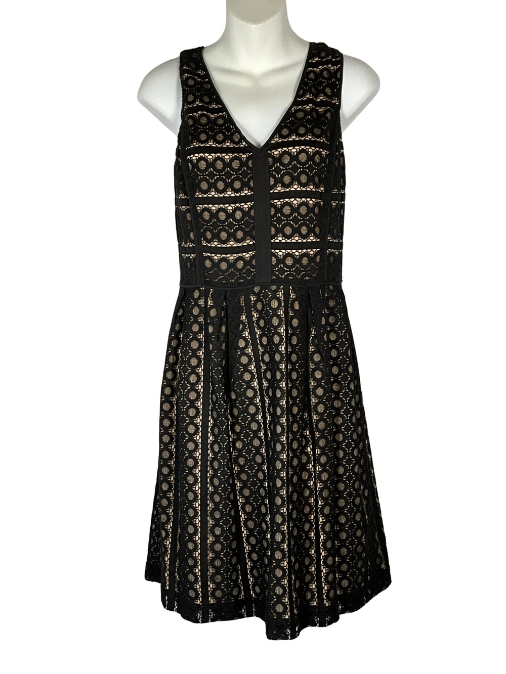 LOFT  Dress Size 8 Black Lace Midi Fit & Flare Dress with Nude Lining Sleeveless